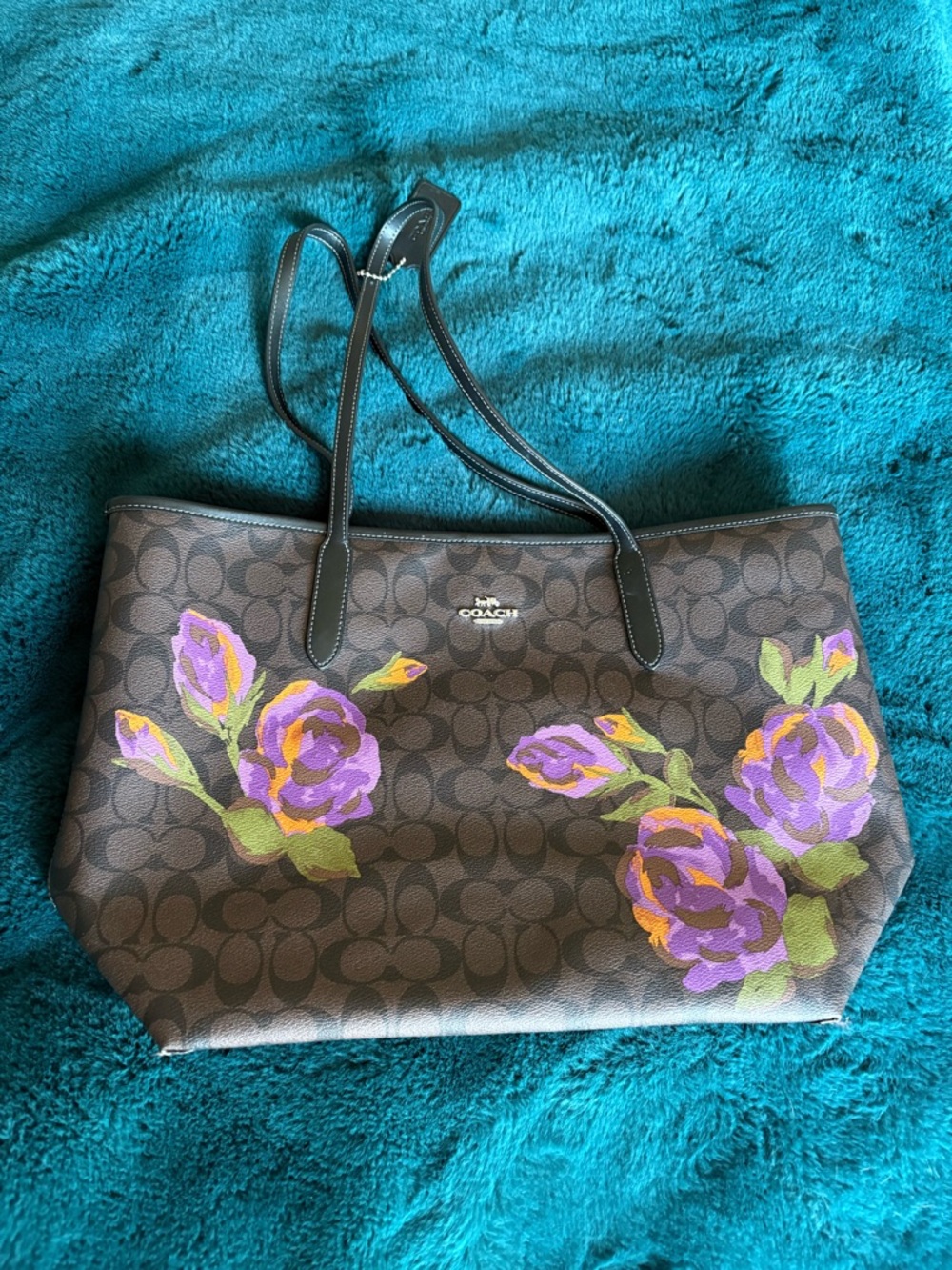 Coach Brown Signature Tote with Purple Floral Accent